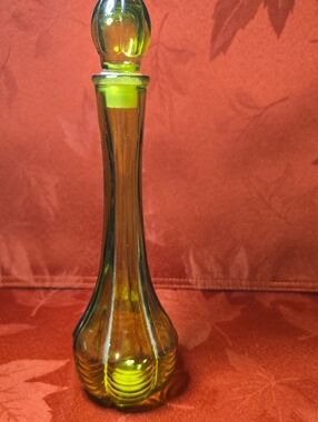 Vintage Green Glass Field Of Flowers Glass Decanter By Avon